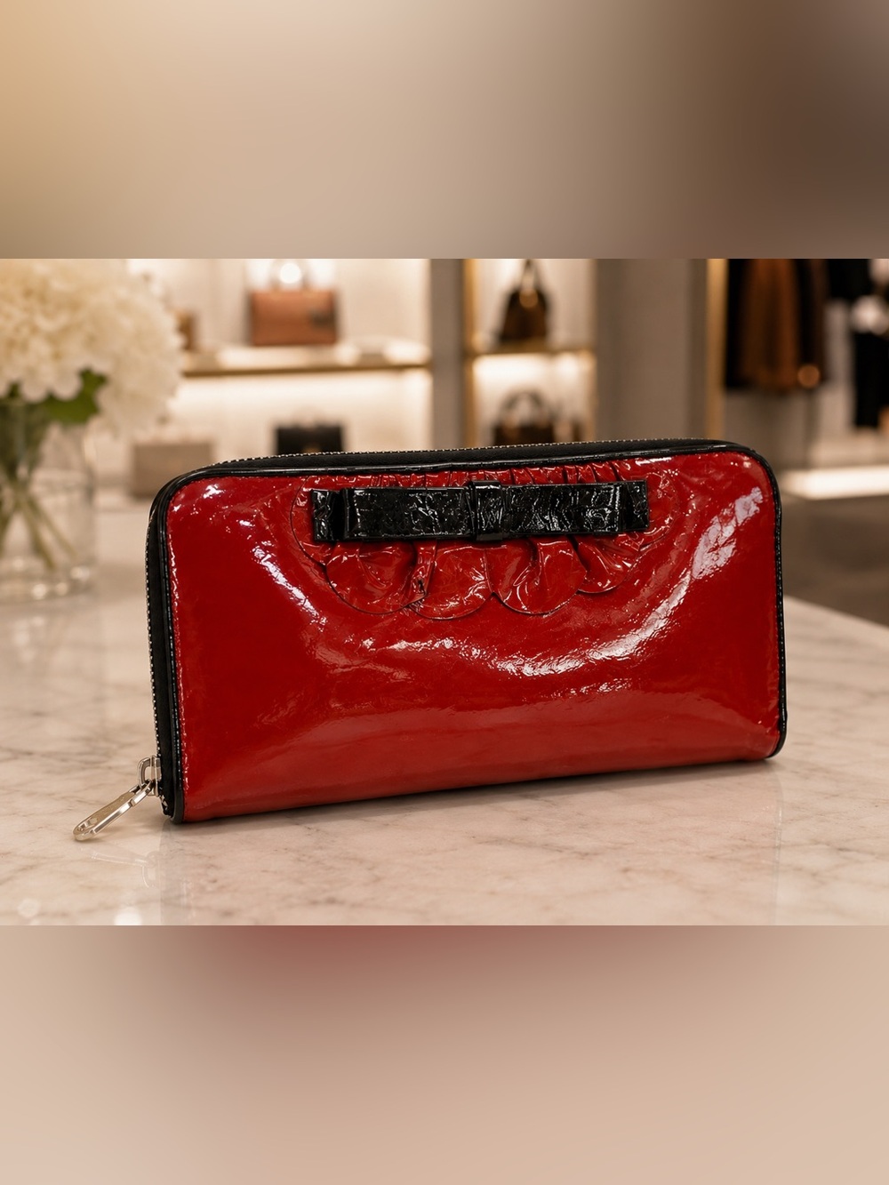 Miu Miu Red Patent Leather Bow Zip-Around Wallet